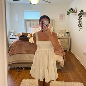 Lucy in the Sky square neckline dress in white pinstripes